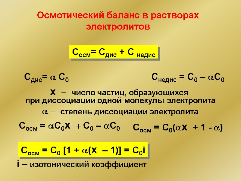 Осмотический баланс в растворах электролитов Сосм= Сдис + С недис Сдис= a C0 Снедис